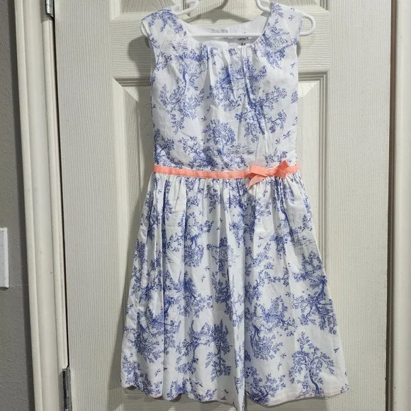Carter's Girls 6X Blue Toile Print Dress Coral Ribbon Bow Sleeveless Cotton - Picture 1 of 9